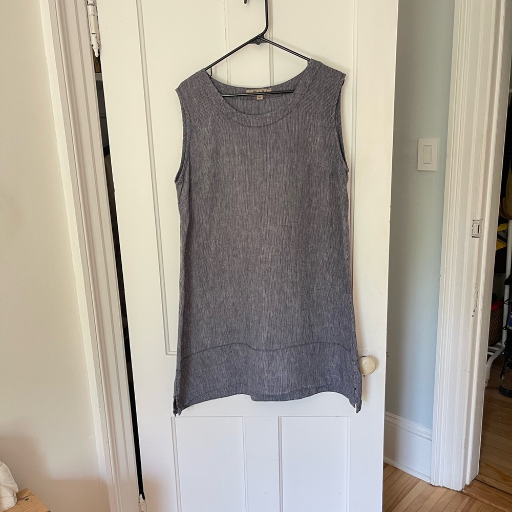 Summer Linen Flax Shift Dress Blue Micro Stripe Size M